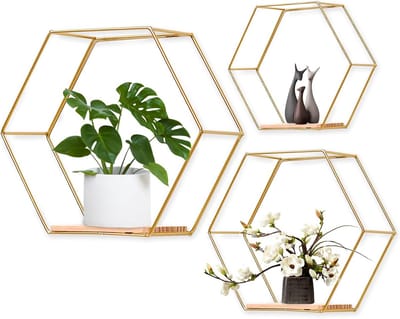 Hexagon Wandrek Set van 3 - Gouden Wanddecoratie voor Woonkamer, Slaapkamer, Badkamer, en Meer