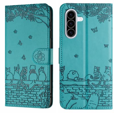 BookCover Hoes Etui geschikt voor Samsung Galaxy A37 - A56 - A36 - Turquoise - Katten op Muurtje - Reliëf