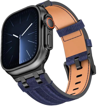 Strap-it Denim leren bandje geschikt voor 1/2/3/4/5/6/7/8/9/10/11/SE/SE2/SE3/Ultra (2/3) - Maat: 44/45/46/49mm - Blauw/Zwart