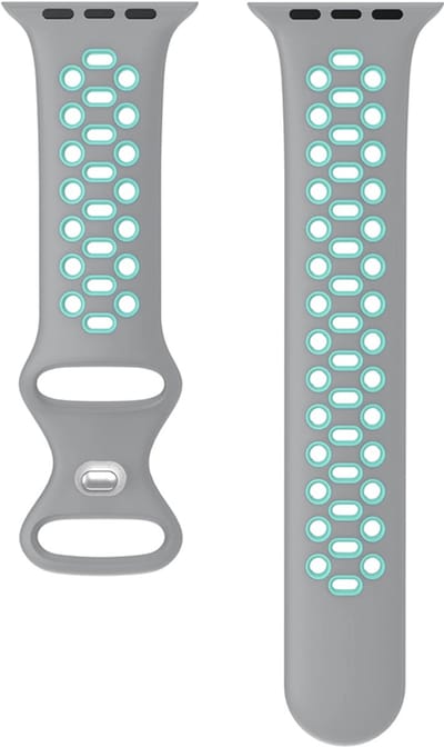 Sportief Horlogebandje voor "Dames" Apple Watch Series 1/2/3/4/5/6/7/8/9/10/SE - Maat: 38 mm/40 mm/41 mm/42 mm - Grijs Turquoise Rubber