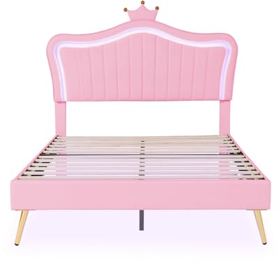 Kinderbed gestoffeerd bed 140 x 200 cm - roze kroon hoofdeinde in hoogte verstelbaar - tweepersoonsbed met LED-lampje - zonder matras
