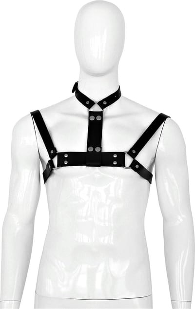 Kiotos - Zwart Leren Halsband met Borstriemen - Body Harnas - Riemenbody - Voor Mannen - Verstelbaar