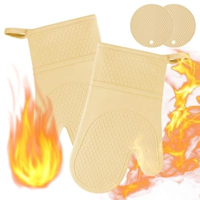 Ovenwanten Set - 1 Paar Siliconen Ovenhandschoenen & 2 Pannenlappen - Antislip, Hittebestendig tot 240°C, Waterdicht - voor Bakken, Grillen, BBQ