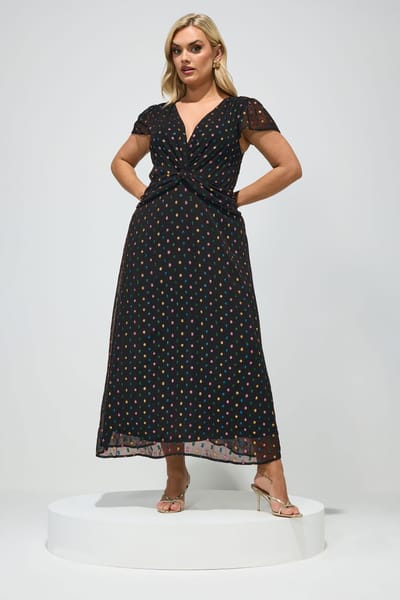 Yours London Zwarte Dobby Jurk Met Twist Aan De Voorkant Size 42