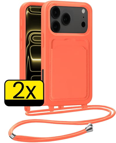 Hoesje Geschikt voor iPhone 17 Pro Telefoonhoesje Met Koord Case Pashouder Siliconen - Hoes Geschikt voor iPhone 17 Pro Hoesje Met Kaarthouder - Papaya - 2 Stuks