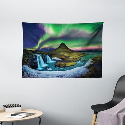 ABAKUHAUS Schneeberg Wandtapijt, Aurora bij Kirkjufell, Woonkamer Slaapkamer Wanddoek Zijdezacht Satijn Wandtapijt, 150 x 100 cm, Meerkleurig