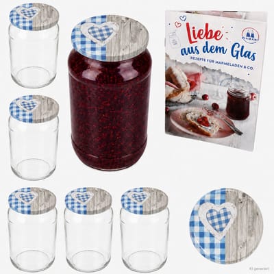 6-delige set ronde glazen 1062 ml To 82 houten hart blauw deksel incl. diamant Gelierzauber receptenboekje
