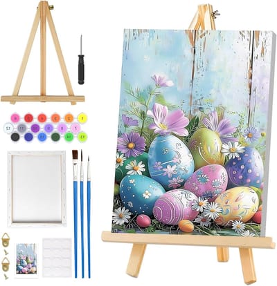 Schilderen op Nummer voor Volwassenen met Lijst en Houten Easel, Dieren en Paas Thema, Canvas Set voor Thuisdecoratie en Creatieve Activiteiten, 20 x