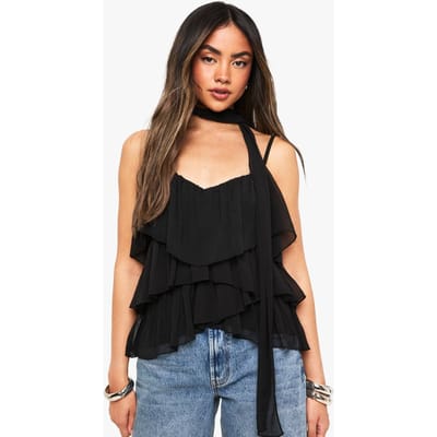 boohoo Dames Crinkle Chiffon Ruffle Sjaal Cami | Zwart | Maat: 36