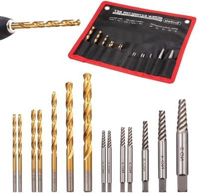 14-delige Easy Out Schroef Extractor Set met Canvas Tas, Linkshandige Boor en Breekbout Extractor voor het Verwijderen van Schroeven, Bouten en Moeren