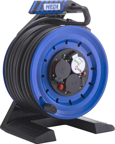 Kabelhaspel 250 mm met 25 m Neopreen Rubberen Kabel en Spatwaterdichte Contactdoos