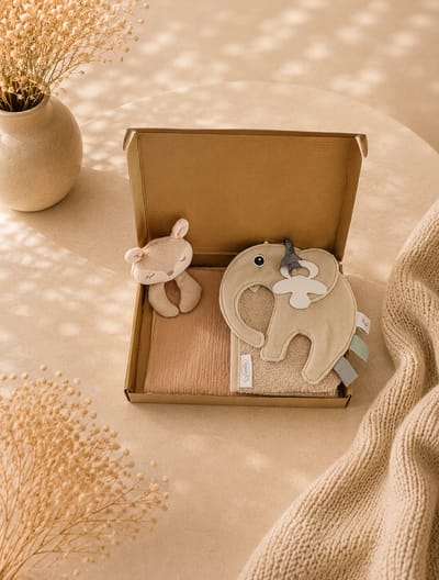 Kraampakket beige – Hydrofiele Knuffeldoek, Baby speenkoord & Slab – neutraal kraamcadeau – baby meisje / jongen – babyshower – Luxe Gouden Geschenkverpakking – Brievenbus Kraamcadeau
