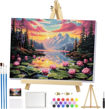 Landschapsverfset voor Kinderen en Volwassenen met Lijst, Creatieve DIY Schilderkits met Easel en Bloemenontwerpen, Perfect voor Vrijetijdskunst en Ontspanning