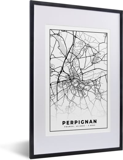 Fotolijst incl. Poster Zwart Wit- Plattegrond - Kaart - Frankrijk - Stadskaart - Perpignan - Zwart wit - 40x60 cm - Posterlijst