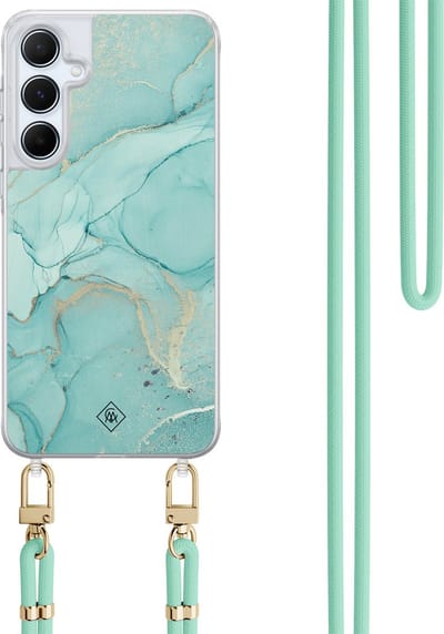 Casimoda® hoesje met koord - Geschikt voor Samsung A15 - Marmer mint groen - Afneembaar koord - TPU/polycarbonaat - Mint