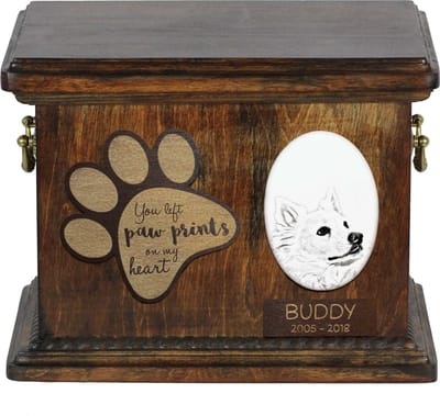 Persoonlijke urn voor American Eskimo Dog met foto en as van je hond
