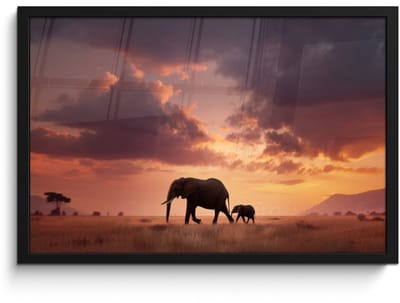 Poster in lijst - Fotolijst 60x40 cm - Posters - Olifanten - Grasland - Zonsondergang - Posterlijst zwart - Decoratie - Wanddecoratie woonkamer - Muurdecoratie slaapkamer