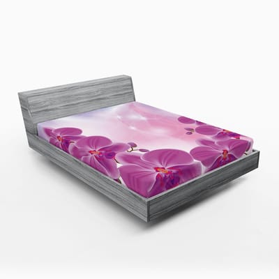 ABAKUHAUS Hoeslaken met bloemenprint, exotische orchideeën, zachte decoratieve stof met elastische randen, 160 x 200 cm, paars, lichtroze, blauw