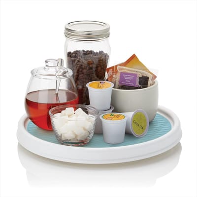 Famanu - Lazy Susan draaiplateau 30,5 cm, wit met aqua antislip ondergrond