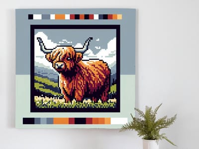 Pixel art schotse hooglander schilderij | Scherpgetekende Schotse Hooglander in pixelvorm, een artistiek meesterwerk | Kunst - 60x60 centimeter op Canvas | Foto op Canvas