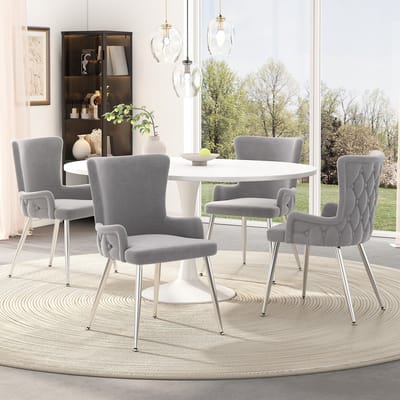 MODFU - Eetkamerstoelen Set Van 4 - Fluweel - Modern - Voor Eetkamer Of Woonkamer - Metaal - Grijs En Zilver