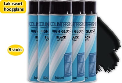 Spuitbus hoogglans 5 stuks in de verpakking - Professionele afwerking: Sneldrogende Hoogglans Zwarte Spuitverf 2500 mL - Ideaal voor Metaal, Hout, Aluminium en Steen