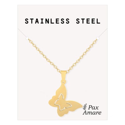 Ketting met Hanger Vlinder - Roestvrij Staal - Goudkleurig - Cadeau Sieraad op Kaartje - Pax Amare