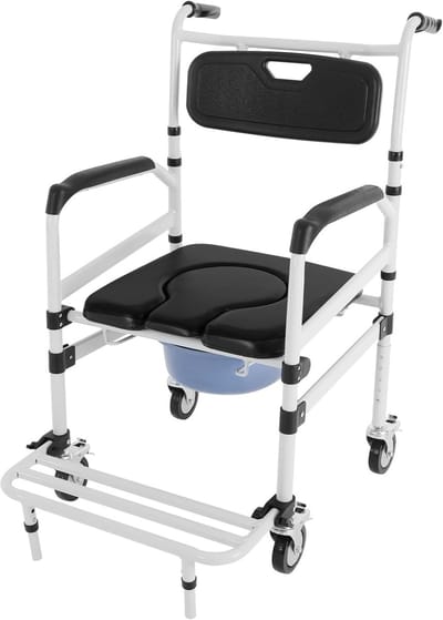 Toiletstoel met wielen - Douchestoel commode - Hulp bij toilet - 4 vergrendelbare wielen - Instelbare hoogte - Zwart zilver