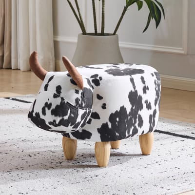 OKWISH Voetenbankje 62 x 35 x 36 cm - Antislip En Multifunctioneel - Voor Hal, Woonkamer Of Kinderkamer - Hout En Linnen - Zwart Wit