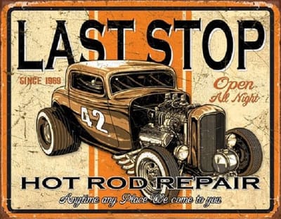 Last Stop Rods.   Metalen wandbord 31,5 x 40,5 cm