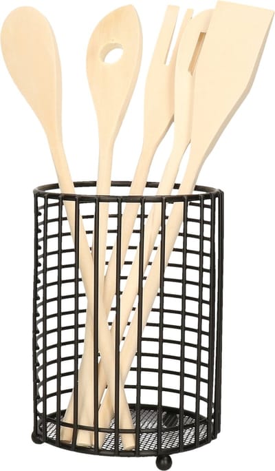 Items Keukengerei kooklepels spatels set 5-delig - bamboe - in rvs houder van 13 x 17 cm - zwart