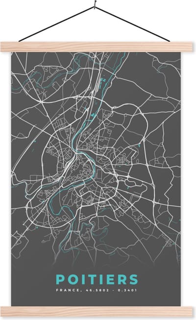 Posterhanger incl. Poster 40x60 cm - Schoolplaat - Poitiers - Frankrijk - Plattegrond - Kaart - Stadskaart - Textielposter - Blanke latten - Stadskaart