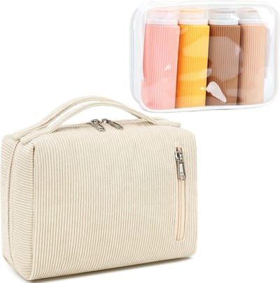 Toilettas voor dames, make-uptas, wastas, grote toilettas, organizer voor mannen en vrouwen, make-uptassen, geschenken, Beige En Reisflessen Set