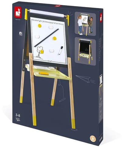 Janod Schoolbord - Grijs/Geel Bord - In Hoogte Verstelbare Poten - Magnetische Witte Zijde En Krijtbordzijde - Inclusief Veel accessoires - Geschikt Vanaf 3 Jaar