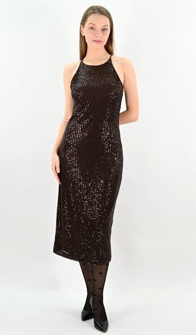 YesMooi - Cocktailjurk met Pailletten - Bruin - Sequinned Midi Dress - S (36)