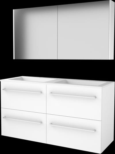 Basic Comfort 46 badmeubelset met spiegelkast, wastafelonderkast met grepen, 4 lades en acryl wastafel met 2 kraangaten 120 x 46 cm, ice white