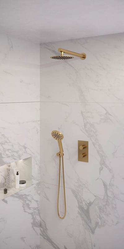 Brauer Gold Edition thermostatische inbouw regendouche 3-weg omstelling SET 31 met 20 cm douchekop en rechte muurarm en 3-standen handdouche en doucheslang en wandaansluitbocht goud geborsteld PVD