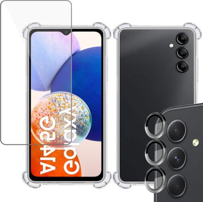 Hoesje geschikt voor Samsung A14 Shockproof + Screenprotector + Camera Beschermglas – Gehard Glas Cover