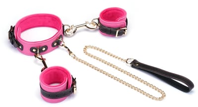 Liebe Seele - Polsboeien Collar en Leiband - Italiaans Leder - Pluche Voering - Roze/Zwart