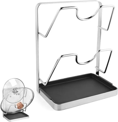 Dubbellaagse pannendekselhouder van 304 roestvrij staal met lade, multifunctionele keukenorganizer voor potdeksels en lepelrust, ideaal voor tijdens het koken en opbergen