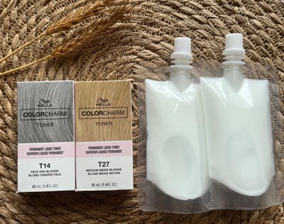 DUOPACK - Wella Color Charm Liquid Toner - T14&T27 + developer - Pale Ash Blonde/Medium Beige Blonde - Wella toner - Haartoner - Haarkleuring - Blond - Asblond - Midden blond - Antigeel - Anti orange