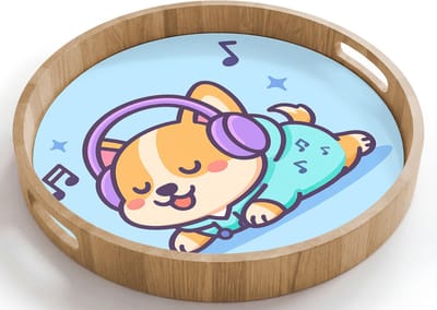 Dienblad rond 40x40 cm - Schootdienblad hout - Corgi - Koptelefoon - Blauw - Muzieknoten - Borrelplank rechthoek - Plateau houten dienbladen