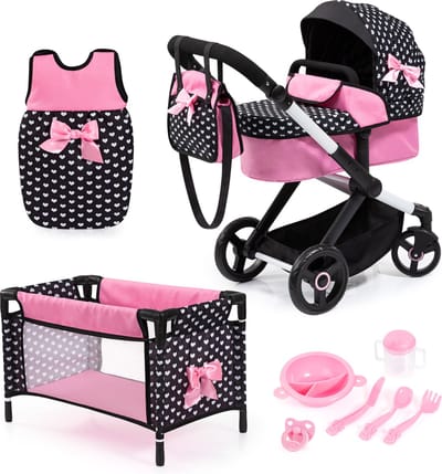 Bayer Design XEO poppenwagenset, verstelbare duwstang, om te bouwen tot jogger, tas, bed, poppenaccessoires, in zwart/wit/roze