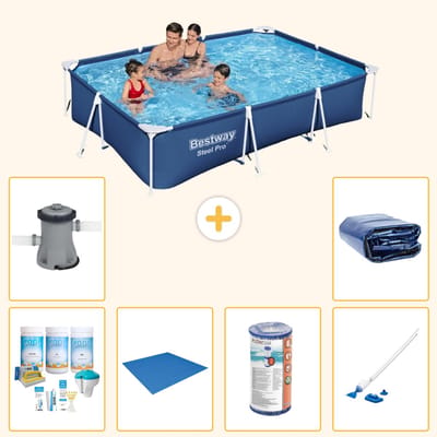 Bestway Rechthoekig Steel Pro Zwembad - 300 x 201 x 66 cm - Blauw - Inclusief Onderhoudspakket - Grondzeil - Filter - Stofzuiger - Zwembadfilterpomp - Solarzeil - 7-delig
