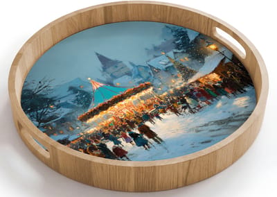 Dienblad rond 40x40 cm - Schootdienblad hout - Winterkermis - Dorp - Kleurrijk - Borrelplank rechthoek - Plateau houten dienbladen
