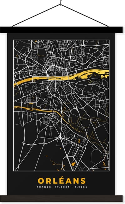 Posterhanger incl. Poster 40x60 cm - Schoolplaat - Frankrijk – Plattegrond – Stadskaart – Orléans - Kaart - Textielposter - Zwarte latten - Stadskaart