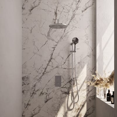 Brauer Chrome Carving thermostatische inbouw regendouche 3-weg omstelling SET 46 met 30 cm douchekop en gebogen muurarm en 3-standen handdouche en doucheslang en geïntegreerde glijstang chroom