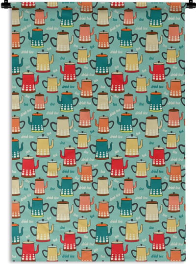Wandkleed - Wanddoek - Patronen - Thee - Theepot - Vintage - 120x180 cm - Wandtapijt