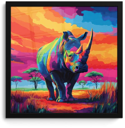 Poster in lijst - Fotolijst 40x40 cm - Posters - Neushoorn - Zonsondergang - Savanna - Kleurrijk - Posterlijst zwart - Decoratie - Wanddecoratie woonkamer - Muurdecoratie slaapkamer