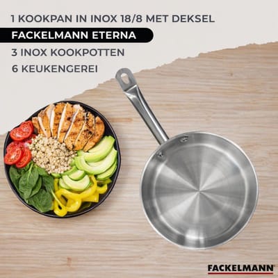 Set 1 pan 28 cm roestvrij staal en deksel, 3 roestvrijstalen kookpotten 16, 20 en 24 cm en 6 roestvrijstalen keukengerei Fackelmann Eterna